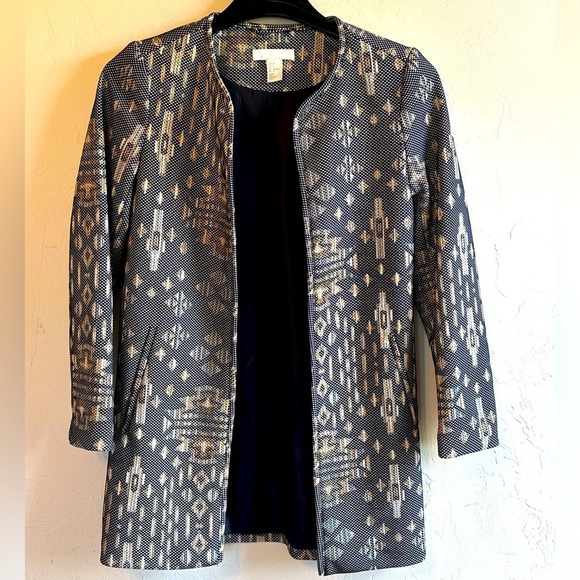 H&M Aztec Woven Pattern Black and Cream Long Blazer Jacket Sz 4 - Picture 1 of 14